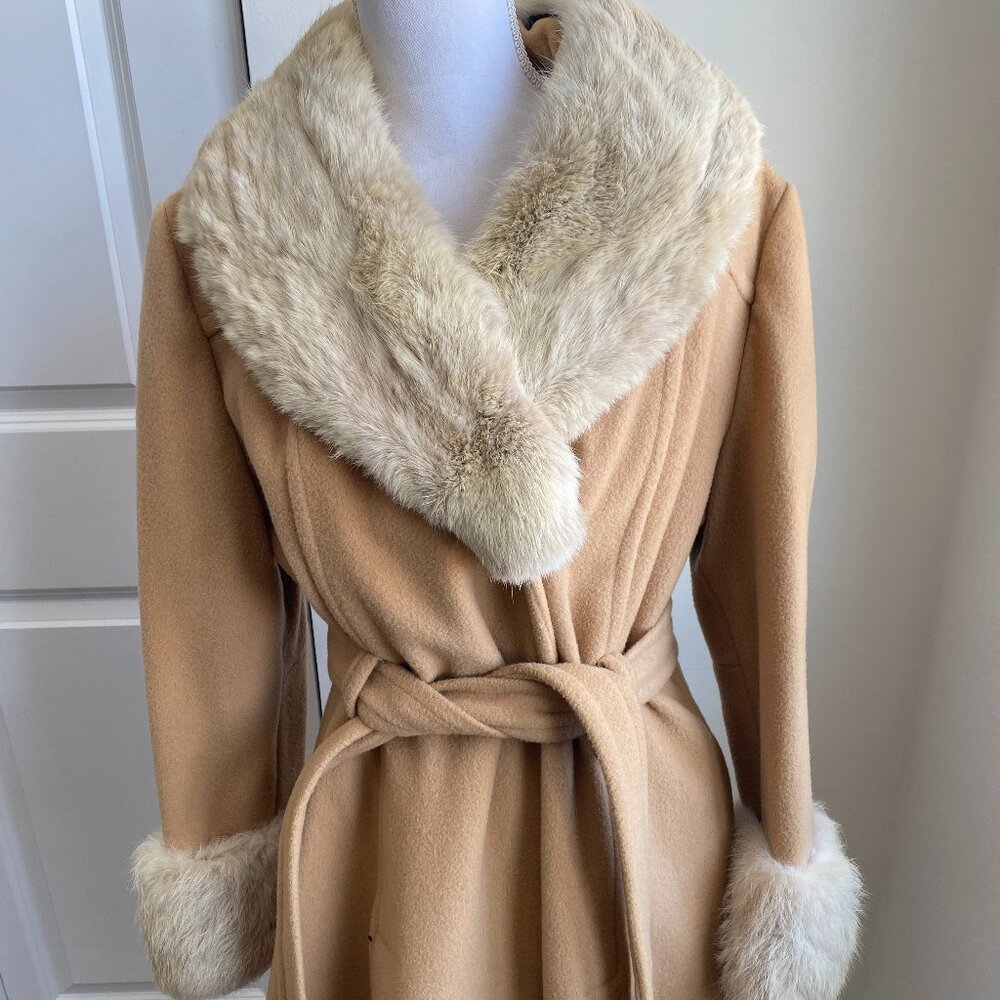 Vintage Belted Wool Wrap Coat with Fur Collar and Cuffs